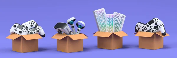 Set of gamer joysticks, vr glasses and keyboards in cardboard box on violet background. 3d render concept of sale, discount, shopping and delivery of accessories for live streaming concept top view