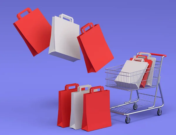 Shopping cart or trolley for groceries with kraft paper bag on violet background. 3d render concept of sale, discount, shopping and delivery