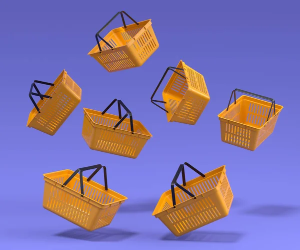 Set of flying plastic shopping basket from supermarket on violet background. 3d render concept of online shopping and black friday sale