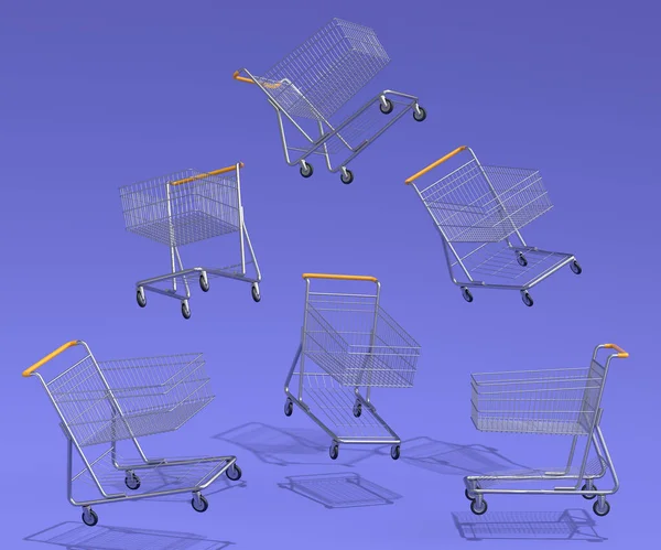 Set of flying shopping carts or trolley for groceries on violet background. 3d render concept of sale, discount, shopping and delivery