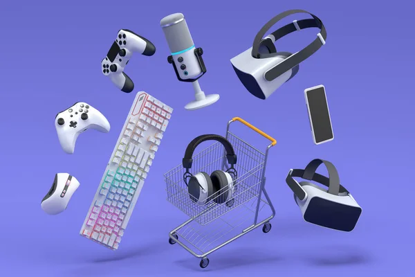 Flying gamer gears like mouse, keyboard, joystick, headset, VR Headset in shopping carts and basket on violet background. 3d render of sale, shopping and delivery of accessories for live streaming