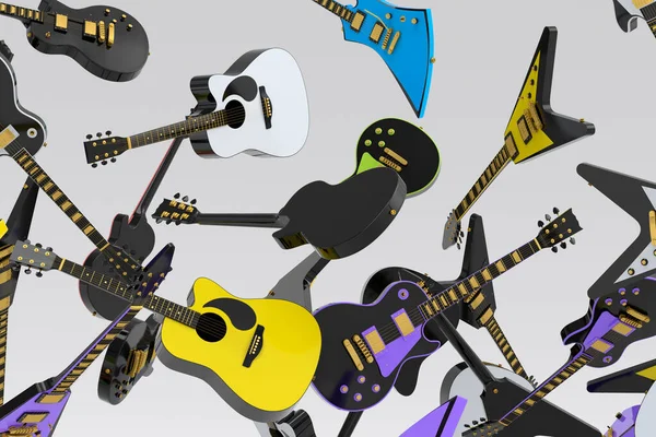 Wiele Latające Gitary Akustyczne Izolowane Białym Tle Renderowania Koncepcji Festiwalu — Zdjęcie stockowe