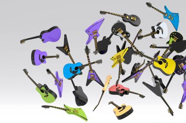 Birçok uçan akustik gitar beyaz arka planda izole edilmiştir. Müzik dükkanı için İspanyol gitarlı rock festivali posterinin 3D canlandırması