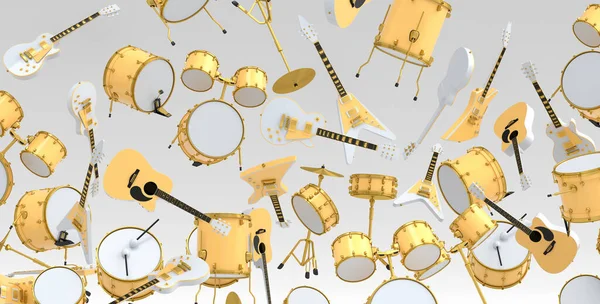 Mnoho Létajících Akustických Kytar Bubnů Kovovými Činely Nebo Bubnů Izolovaných — Stock fotografie