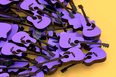 Sarı arka planda izole edilmiş uçan akustik gitar yığını. Müzik dükkanı için İspanyol gitarlı rock festivali posterinin 3D canlandırması