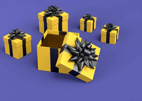 リボンとボウの飛行とバイオレットの背景に落ちるギフトボックス 3Dレンダリングデザイン誕生日 メリークリスマス ブラックフライデー — ストック写真