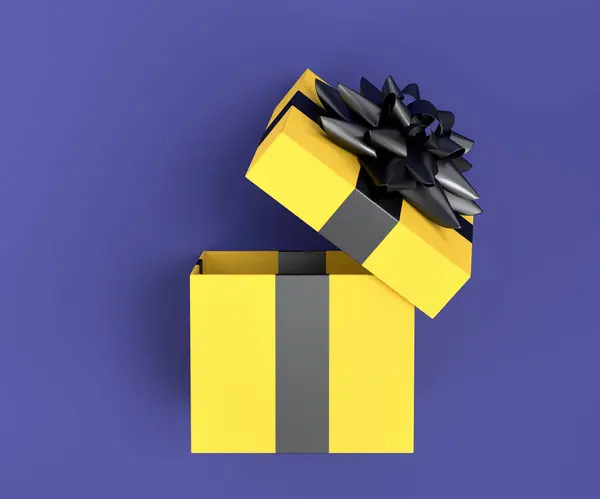 礼品盒上有彩带和蝴蝶结 飘扬在紫罗兰的背景上 三维渲染问候设计的概念生日 圣诞快乐 黑色星期五 — 图库照片