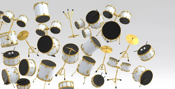 Многие Летающих Барабанов Металлическими Тарелками Белом Фоне Рендеринг Концепции Музыкального — стоковое фото
