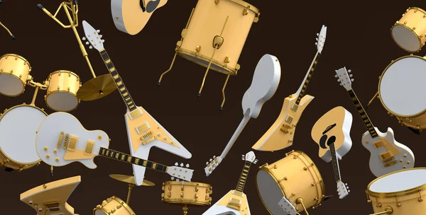 许多飞行中的声波吉他手 金属鼓声鼓声或鼓声在黑色背景下被隔离 音乐打击乐器 鼓机的3D渲染 — 图库照片