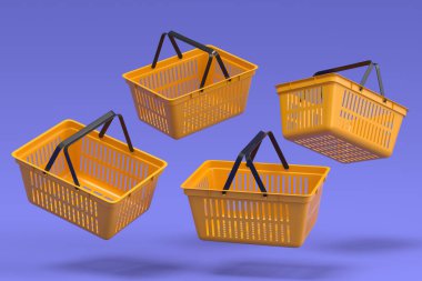 Menekşe arka planında süpermarketten alınmış uçan plastik alışveriş sepeti. 3D canlandırma konsepti online alışveriş ve Kara Cuma indirimi