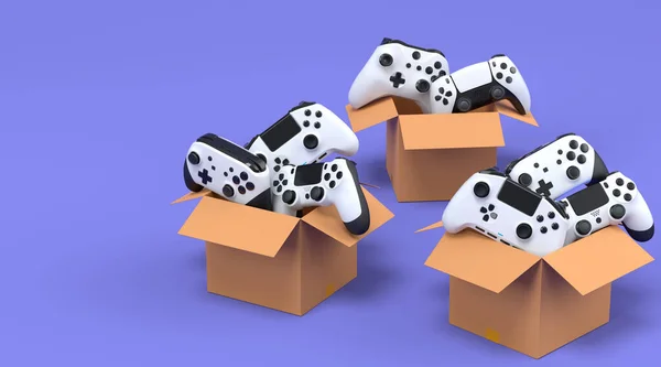 Set of gamer joysticks or gamepads in cardboard box on violet background. 3d render concept of sale, discount, shopping and delivery of accessories for live streaming concept top view