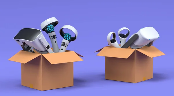 Set of virtual reality glasses and controllers in cardboard box on violet background. 3d render concept of sale, discount, shopping and delivery of accessories for live streaming concept top view