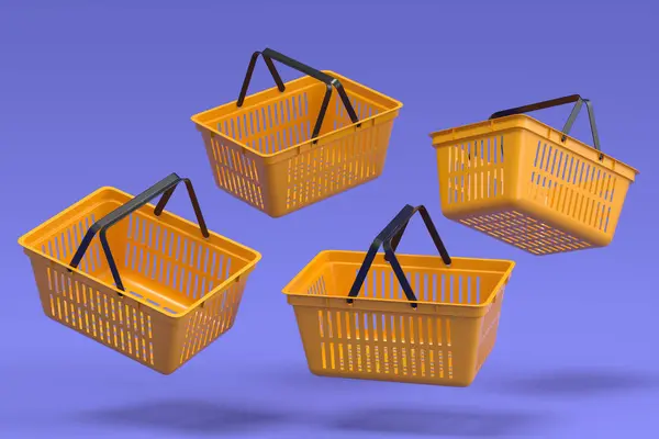 Набір Літаючих Пластикових Кошиків Супермаркету Фіолетовому Фоні Концепція Рендерингу Онлайн — стокове фото
