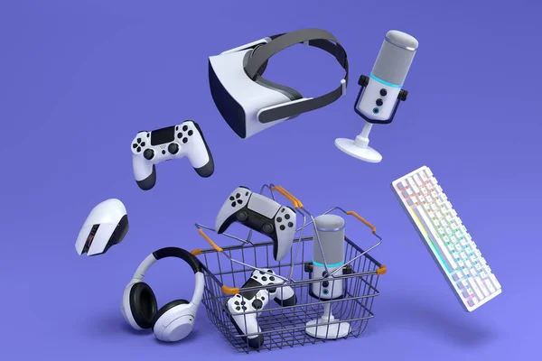 Flying gamer gears like mouse, keyboard, web camera, headphones and microphone in metal wire basket on violet background. 3d render of sale, shopping and delivery of accessories for live streaming
