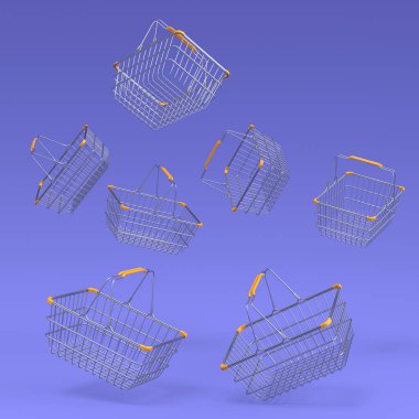 Menekşe arka planda süpermarketten uçan metal tel alışveriş sepeti seti. 3D canlandırma konsepti online alışveriş ve Kara Cuma indirimi