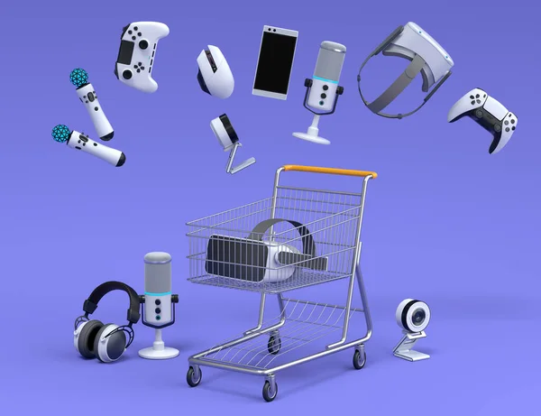 Flying gamer gears like mouse, web camera, joystick, headset, VR Headset in shopping carts and basket on violet background. 3d render of sale, shopping and delivery of accessories for live streaming