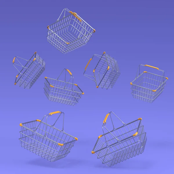 Set of flying metalwire shopping basket from supermarket on violet background. 3d render concept of online shopping and black friday sale