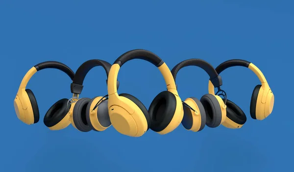 许多飞行的玩家齿轮 如蓝色背景的耳机 直播概念配件3D渲染 — 图库照片