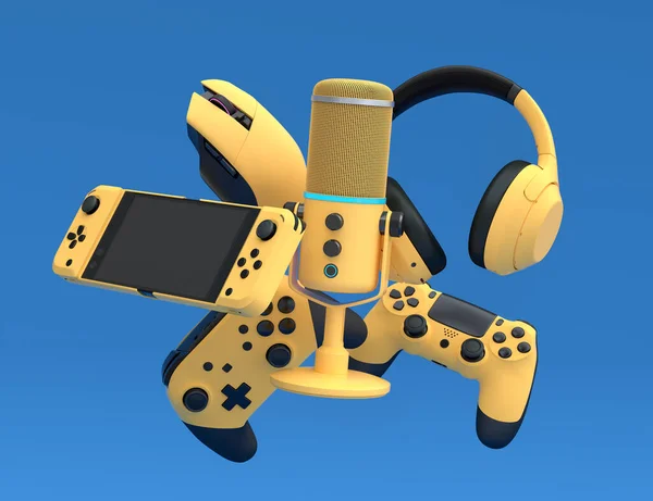 Top view gamer gears like mouse, microphone, joystick, headphones and mouse on blue background. 3d render of accessories for live streaming concept