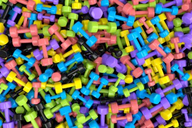 Kauçuk dambıl gibi spor malzemesi yığını, çok renkli arka planda halter. 3D kaldırma, fitness ve beden eğitimi konsepti