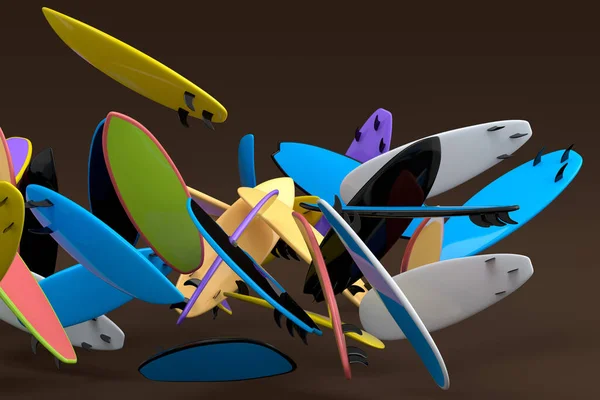 Багато Літаючих Серфінгу Ізольовані Чорному Тлі Візуалізація Літнього Серфінгу Дошці — стокове фото