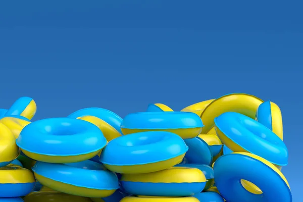 Pile Inflatable Ring Swimming Pool Isolated Blue Background Render Summer — Stock Photo, Image