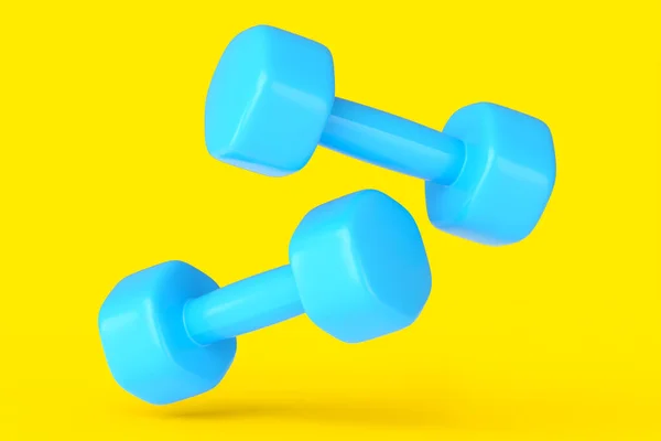 Paar Gummiblaue Kurzhanteln Isoliert Auf Gelbem Hintergrund Rendering Von Sportgeräten — Stockfoto