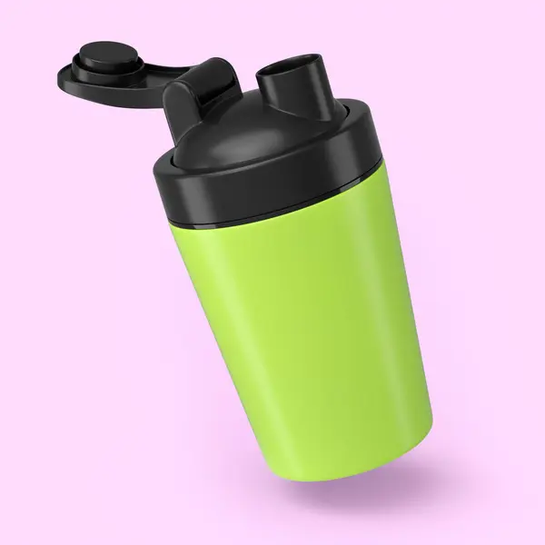 ピンクの背景に隔離されたタンパク質ドリンクのための緑のプラスチック製スポーツシェーカー スポーツ食品カクテル容器の3Dレンダリング — ストック写真