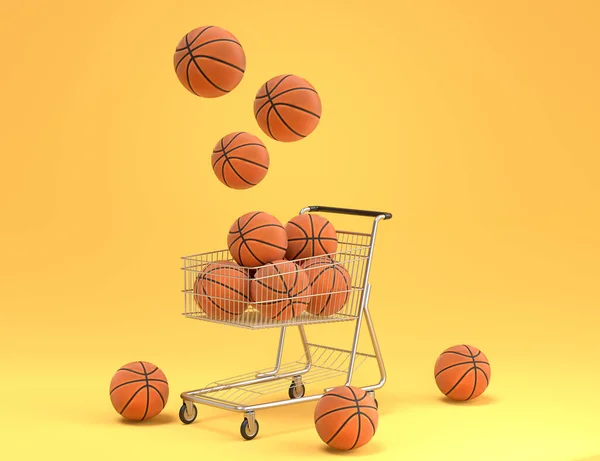 Set of ball like basketball, american football and golf in shopping cart on yellow background. 3d rendering of sport accessories for team playing games