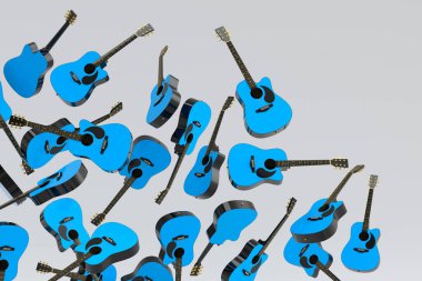Birçok uçan akustik gitar beyaz arka planda izole edilmiştir. Müzik dükkanı için İspanyol gitarlı rock festivali posterinin 3D canlandırması