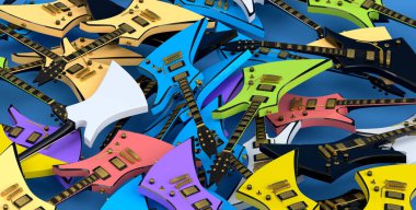 Kırmızı arka planda izole edilmiş elektro gitar yığını. Müzik dükkanı için İspanyol gitarlı rock festivali posterinin 3D canlandırması