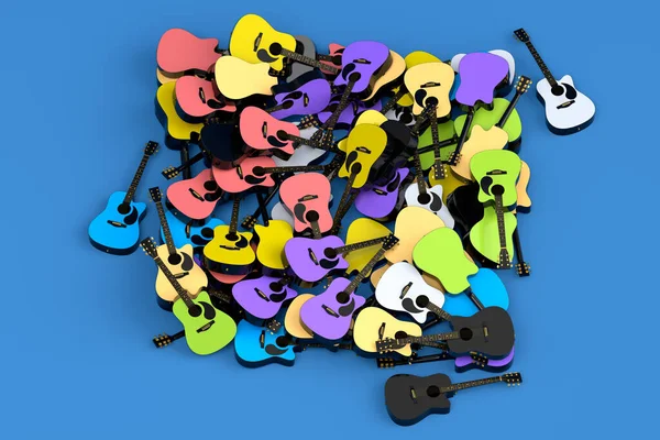 Heap Guitarras Acústicas Voadoras Isoladas Fundo Azul Renderização Conceito Para — Fotografia de Stock