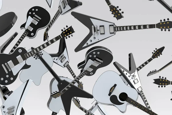 Muitas Das Guitarras Acústicas Voadoras Isoladas Fundo Branco Renderização Conceito — Fotografia de Stock