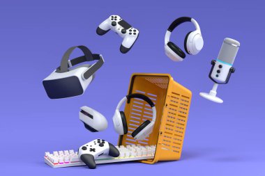 Fare, klavye, joystick, kulaklık, mor arka planda plastik tel sepetin içindeki VR kulaklık gibi oyuncu dişlileri. 3D satış, indirim, alışveriş ve aksesuar teslimatı kavramı canlı yayında