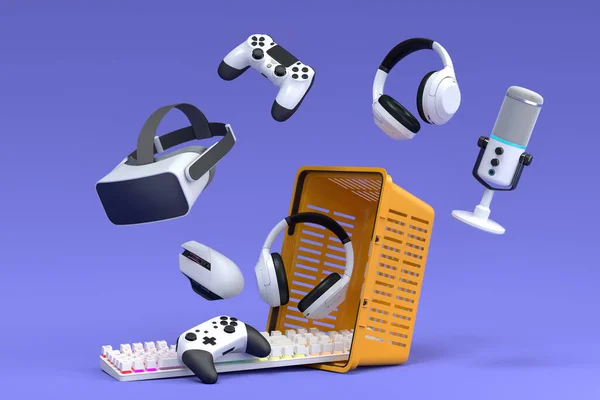 Gamer gears like mouse, keyboard, joystick, headset, VR Headset in plastic wire basket on violet background. 3d render concept of sale, discount, shopping and delivery of accessories live streaming