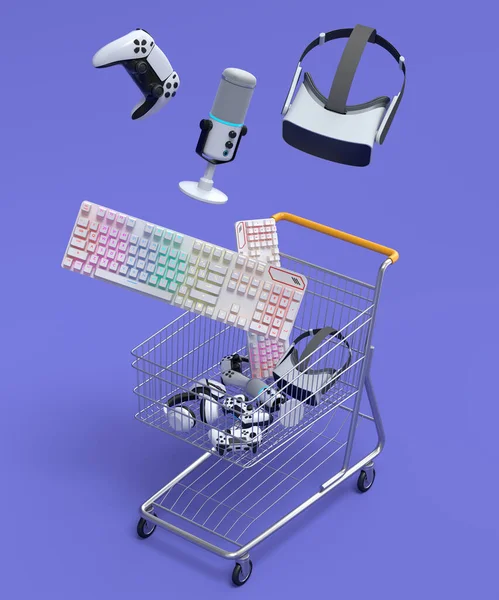 Flying gamer gears like mouse, keyboard, joystick, headset, VR Headset in shopping carts and basket on violet background. 3d render of sale, shopping and delivery of accessories for live streaming