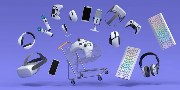 Lying gamer gears like mouse, keyboard, joystick, headset, VR Headset in shopping carts on violet background. 3d render concept of sale, shopping and delivery of accessories for live streaming