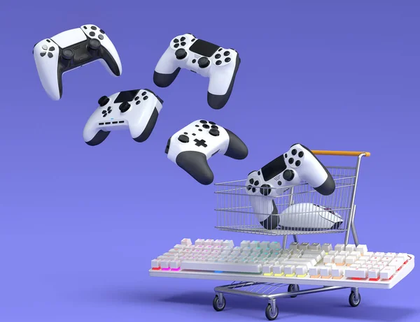 Gamer workspace and gear like mouse, keyboard, joystick, headset in shopping carts on violet background. 3d render concept of sale, discount, shopping and delivery of accessories for live streaming
