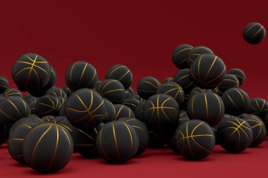 Birçok uçan siyah basketbol topu kırmızı zemine düşüyor. Takım oyunu, egzersiz ve yarışma için 3D spor aksesuarları hazırlamaName