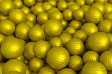 Sarı fitness topu yığını ya da beyaz arka plana düşen fitball topu. Pilates ve yoga için spor aksesuarları hazırlamak ya da yorgunluğu dindirmek ve rahatlatmak için egzersiz yapmak