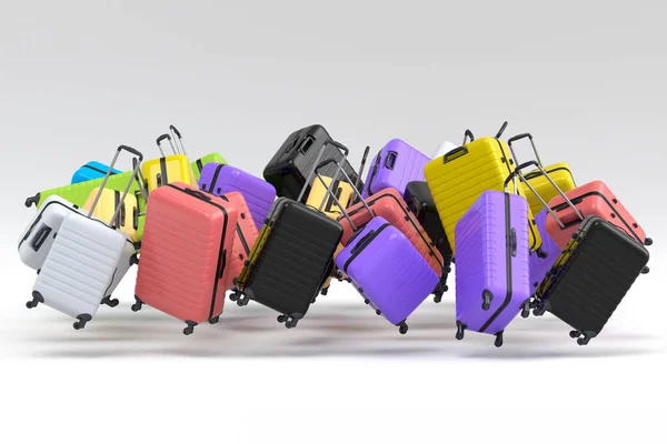 白い背景に隔離された飛行スーツケースや手荷物の多く 夏休みのコンセプトの3Dレンダリングと荷物と休日の旅行コンセプト — ストック写真