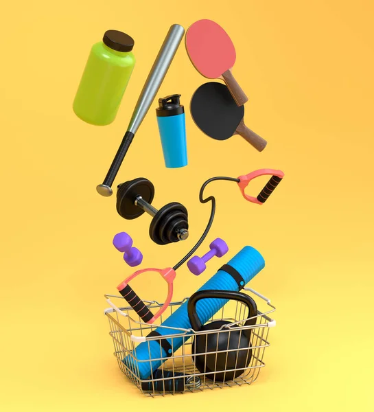 Sport equipment for fitness, gym, crossfit in shopping basket on yellow background. 3d render of power lifting and fitness concept