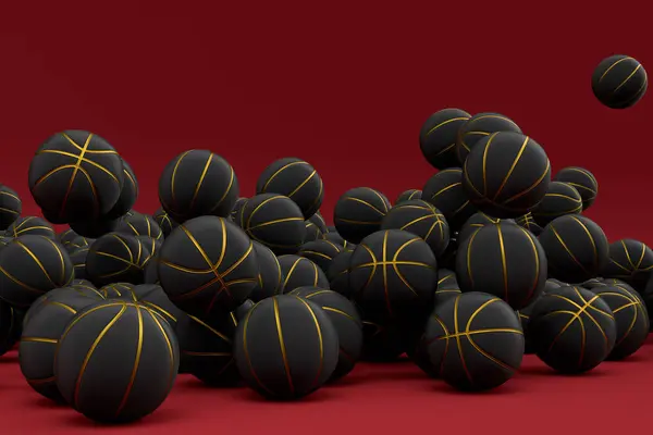 Viele Der Fliegenden Schwarzen Basketballbälle Fallen Auf Rotem Hintergrund Darstellung — Stockfoto