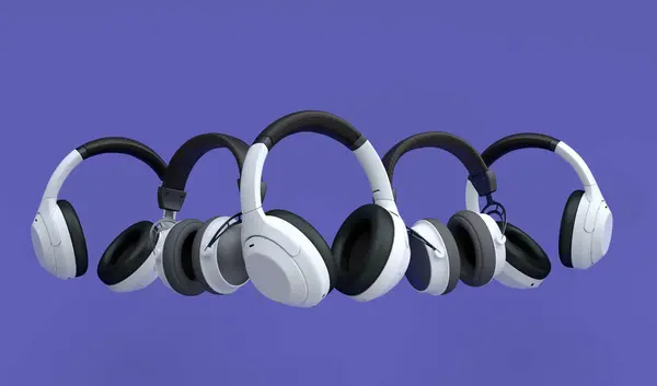 Many Flying Gamer Gears Headphones Violet Background Render Accessories Live — Stock Photo, Image
