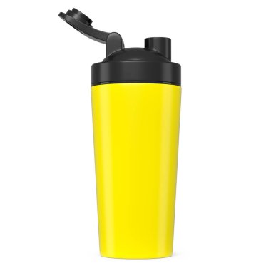 Beyaz arka planda izole edilmiş protein içeceği için sarı plastik spor karıştırıcı. Spor gıda kokteyl kabının 3 boyutlu sunucusu