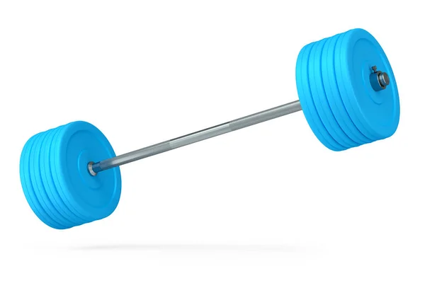 带蓝色圆盘的带白色背景的抽象金属棒 3D提供用于健身和举重的体育设备 — 图库照片