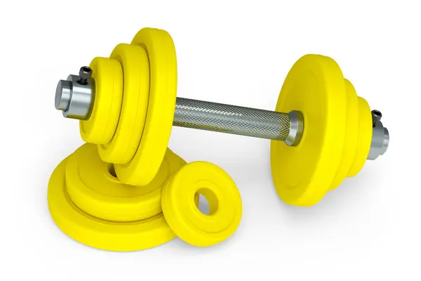 金属哑铃 黄色圆盘 白色背景隔离 3D提供用于健身和举重的体育设备 — 图库照片