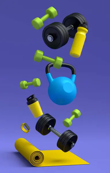 以紫罗兰为背景的瑜伽垫 健身球和智能手表等运动器材的等距视图 3D渲染动力升降概念 — 图库照片