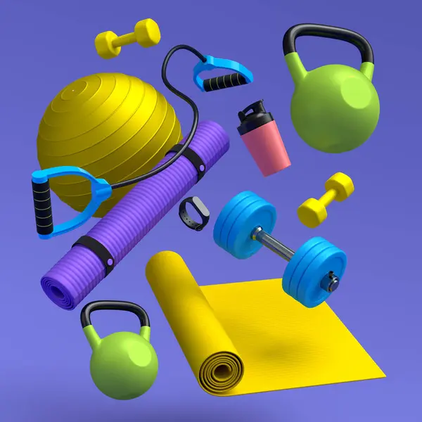 Flying sport equipment like yoga mat, kettlebell, fitness ball and smart watches on violet background. 3d render of power lifting and fitness concept