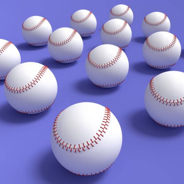 Beyzbol ya da beyzbol topu seti menekşe arka planda yatıyor. Takım oyunu için 3 boyutlu spor aksesuarları hazırlayıcı